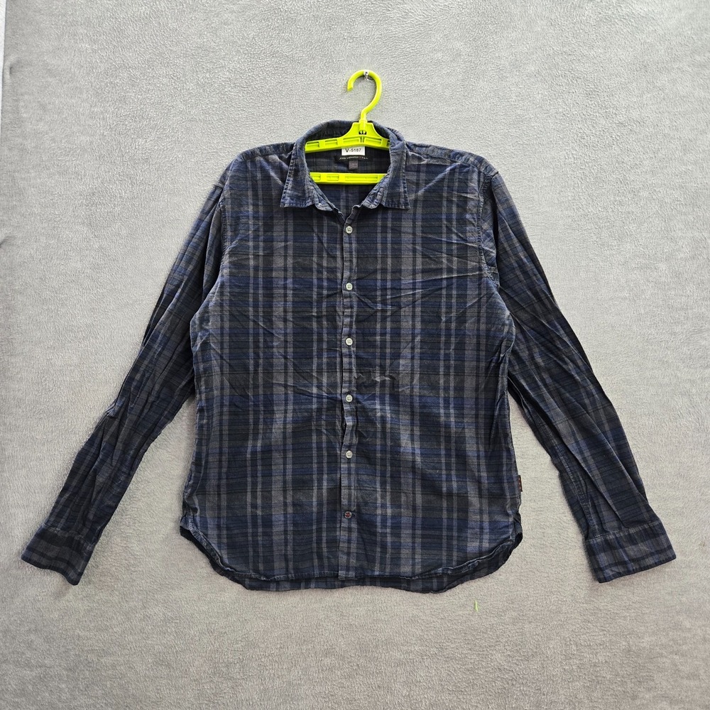 John Varvatos Men Button Up Shirt Large Blue Plaid Madras Long‎ Sleeve Collar